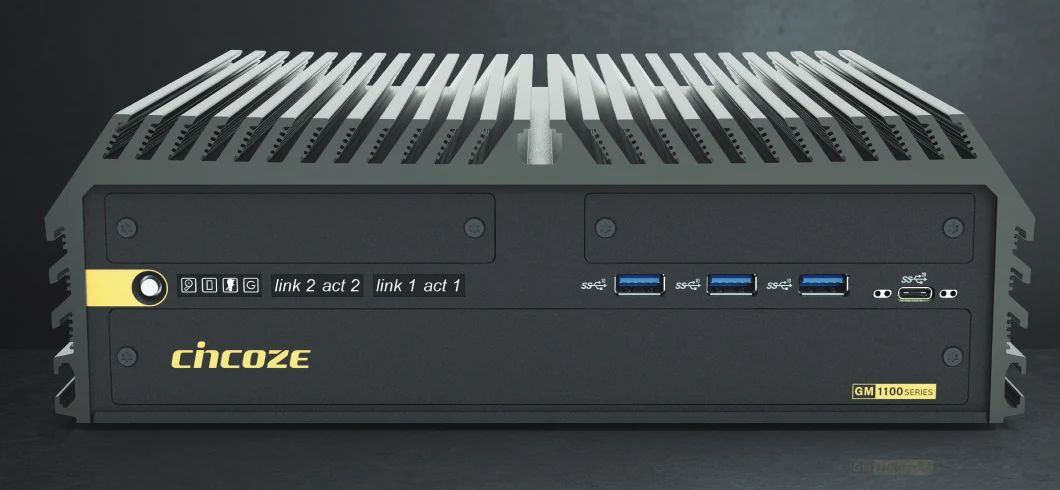 Heatsink fin array on a Cincoze GM-1100 fanless computer, showing the conduction-cooling path